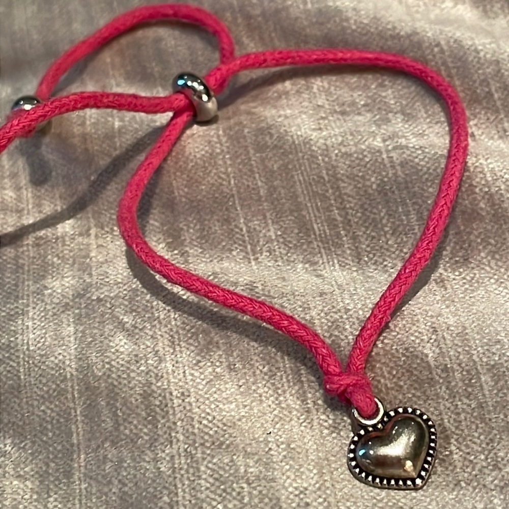 Puffy Silver Heart Corded Bolo Bracelet